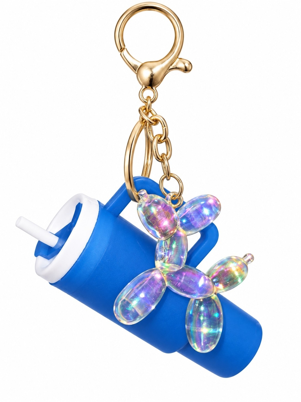 Blue Drink Cup Keychain with Iridescent Balloon Dog Charm
